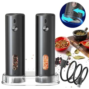 Electric Salt & Pepper Grinder Set, 1 Set Rechargeable Automatic Pepper Mill Grinder with LED Light, Modern Home Adjustable Coarseness Shakers, One-hand Operation for Kitchen