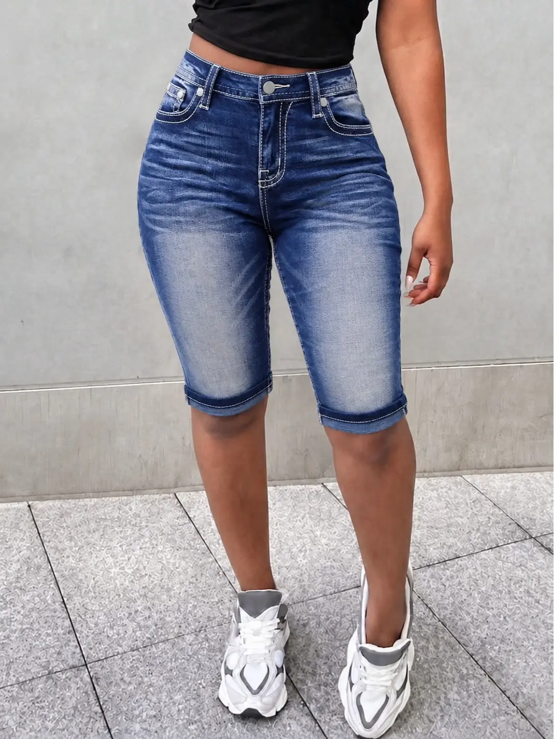 Women's High-Waisted Stretchy Knee-Length Bermuda Jean Shorts