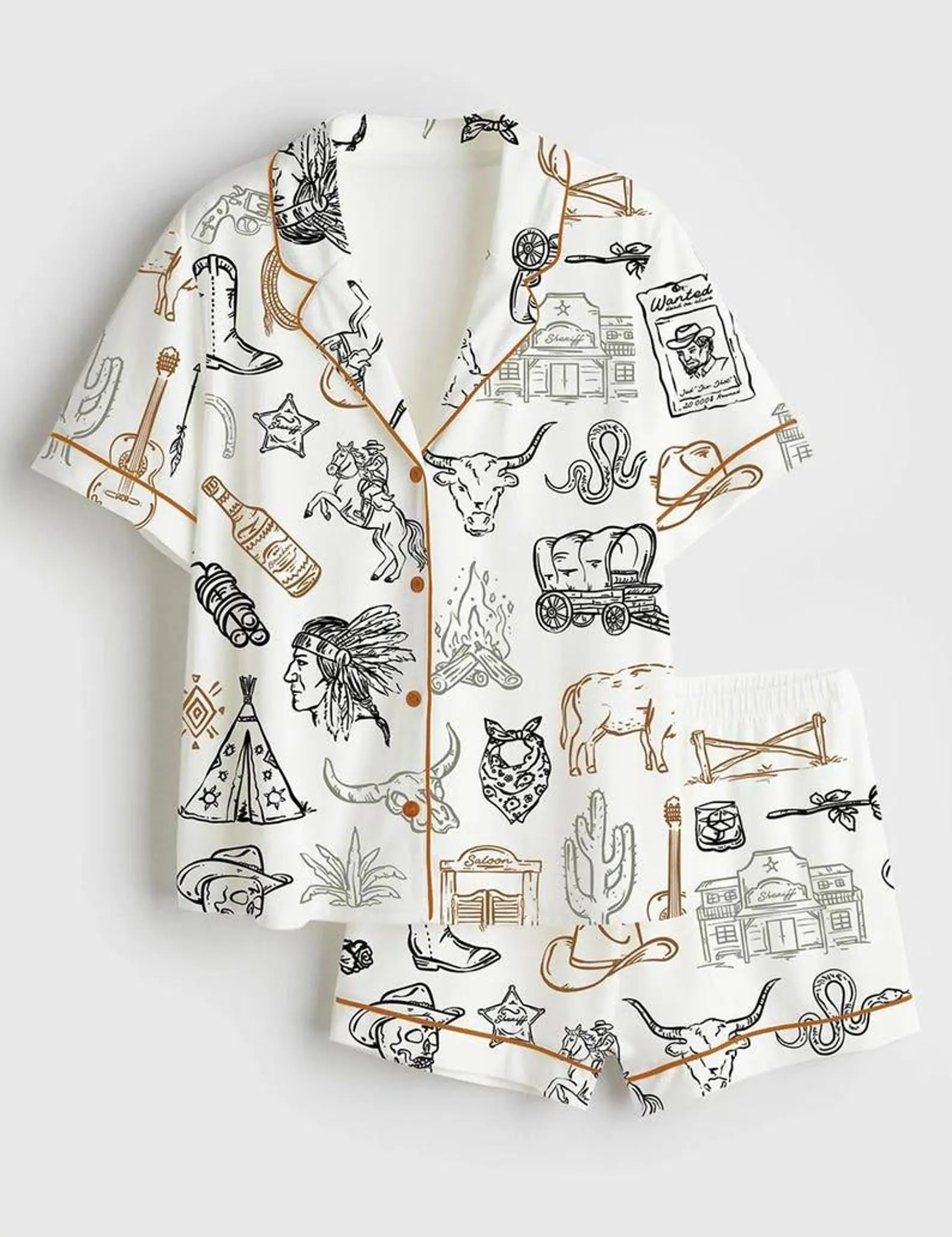 Satin Cowboy Pajama Set, Western Wild West Sleepwear, Short Sleeve PJs