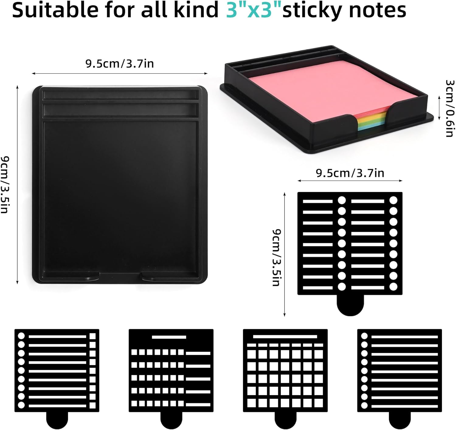 Sticky Note Holder Compatible with Post It Notes, 3x3 Sticky Note Stencil Dispenser with Template, Memo Pad Organizer with Five Line Box Drawing Template for Home and Office