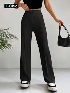 Women's Plain High-Waist Fitted Straight-Leg Pants, Casual Lounge Pants, Comfy Zipper Trousers for Daily Wear, Ladies Button Bottoms for All Seasons
