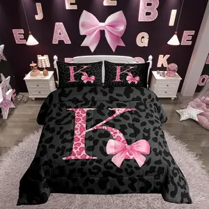 Initial Letter K Comforter Set Leopard Print Bedding Set Women Pink Bowknot Alphabet Duvet Quilt Cheetah Skin Bedroom Decor Microfiber 1