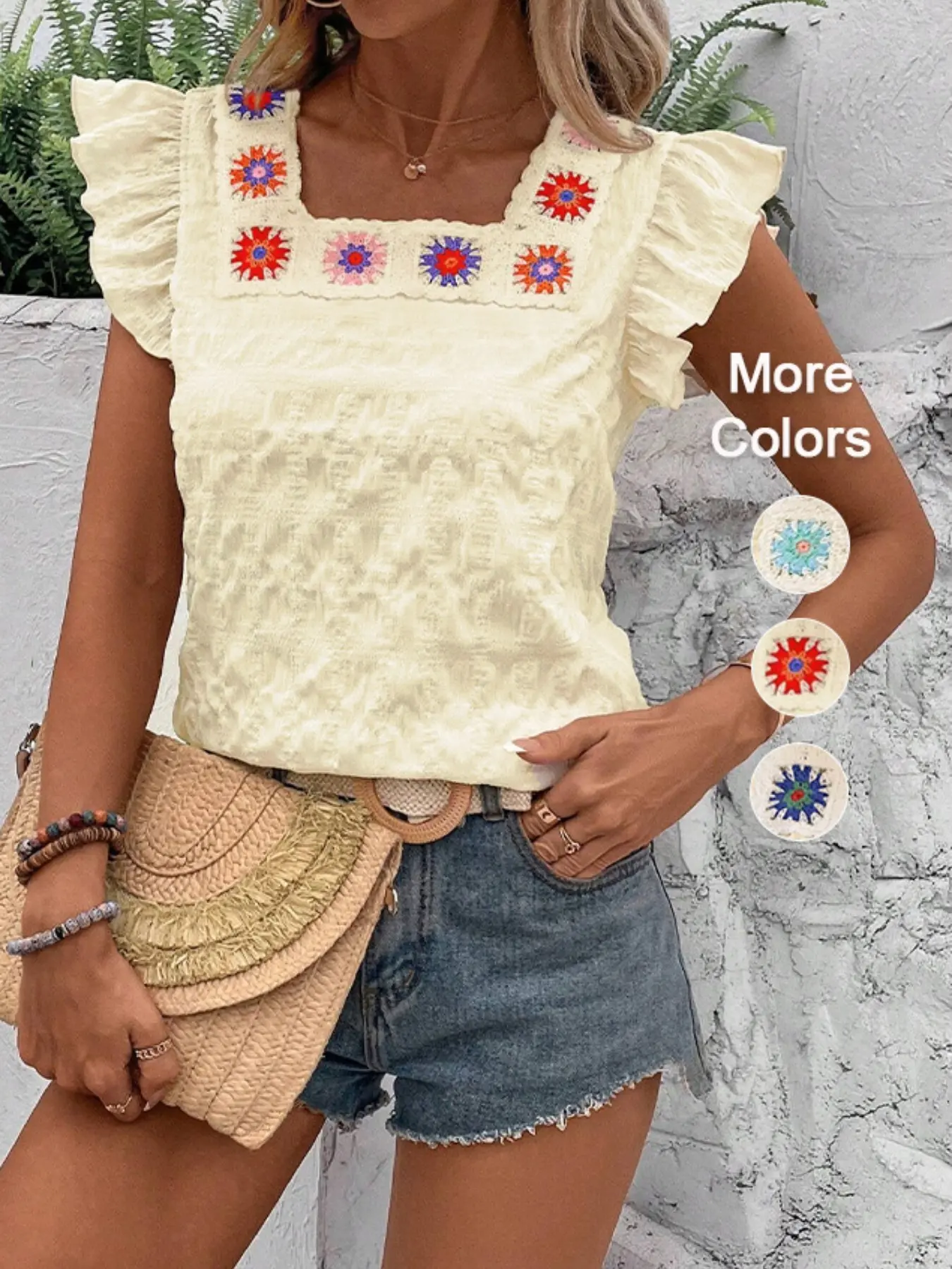 Elegant Women's Square Neck Lace Patchwork Floral Shirt Collar, Butterfly Sleeve Textured Fitted Blouse for Summer Casual Wear, Stylish Ladies Top, Boho Bohemian Style, Casual Classy Fashion