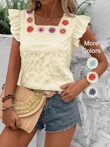 Elegant Women's Square Neck Lace Patchwork Floral Shirt Collar, Butterfly Sleeve Textured Fitted Blouse for Summer Casual Wear, Stylish Ladies Top, Boho, Bohemian, Casual Classy Fashion