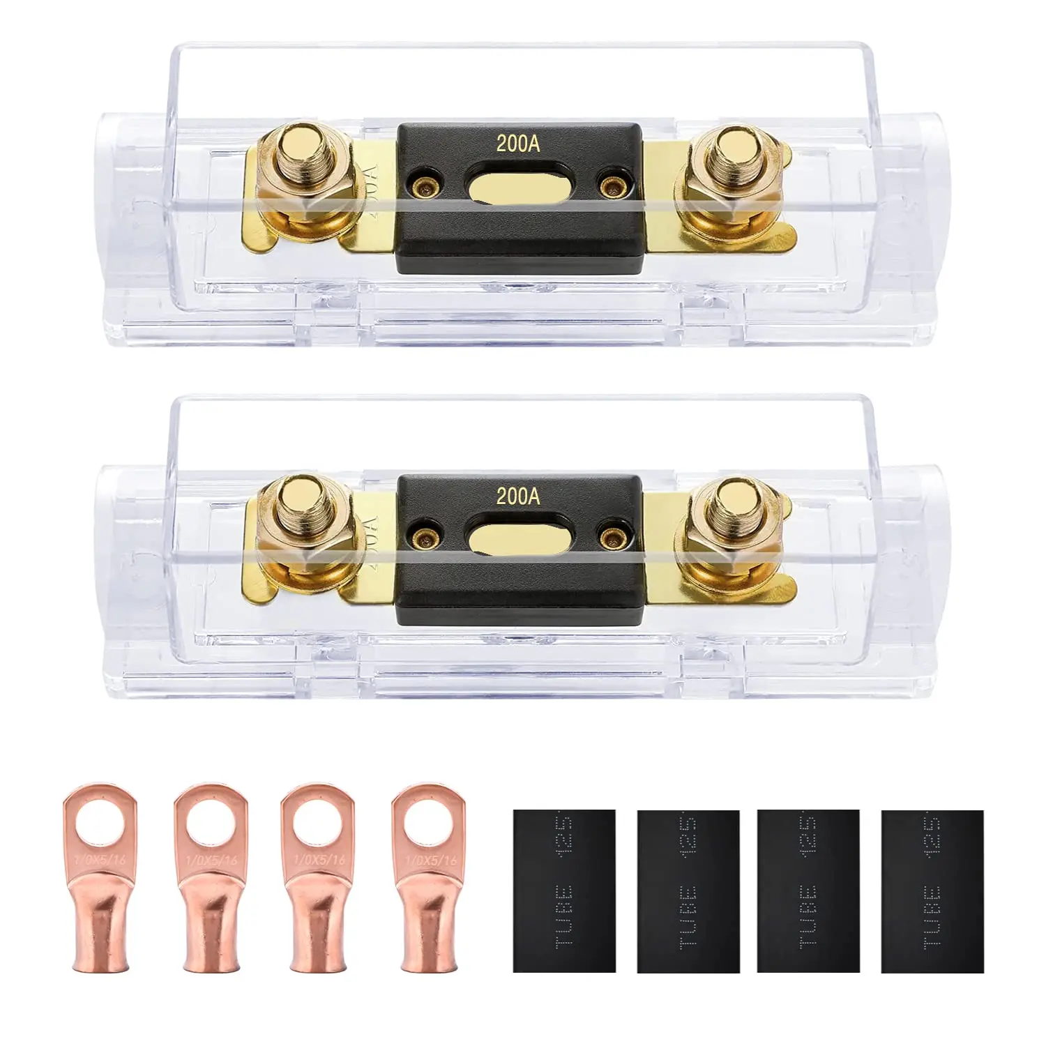 Nilight 2PCS ANL Fuse Holder Kit - 200A Rating ANL Blade Fuses, 4PCS 5/16" Gold Copper 1/0-2-4 AWG Ring Terminals, Waterproof Transparent Plastic Automotive Tool for 12v-24v-32v DC Cars, Audio Amplifiers, Car Power Inverters