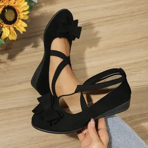 Women's Suede Wedge Shoes with Bow Detail Elastic Strap Comfortable Spring Fall Casual Footwear for Chic Outings Design