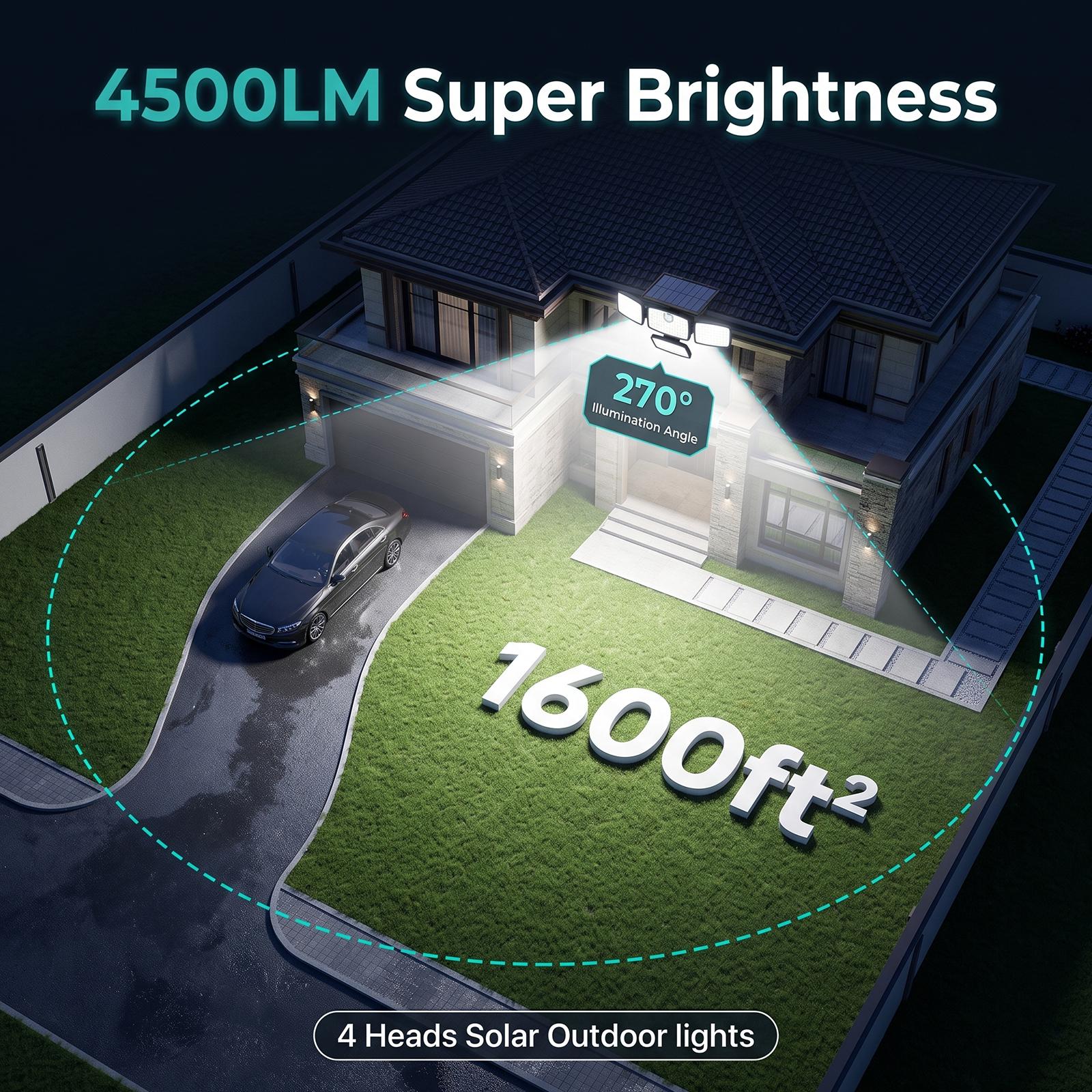 Hoodink Solar Outdoor Wall Light - 4500LM Flood Beam, 306LED 4-Heads Motion Sensor, Remote Control, 270°Wide Angle, IP65 Waterproof, Easy Install, 3 Modes, Solar No Wiring, Adjustable Flood & Spot Lighting, Outdoor Lighting Solutions for Backyard
