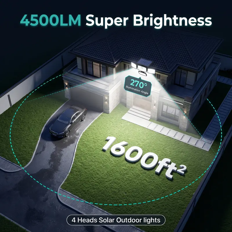 Hoodink Solar Outdoor Wall Light - 4500LM Flood Beam, 306LED 4-Heads Motion Sensor, Remote Control, 270°Wide Angle, IP65 Waterproof, Easy Install, 3 Modes, Solar No Wiring, Adjustable Flood & Spot Lighting, Outdoor Lighting Solutions for Backyard Hoodink Solar Outdoor Wall Light - 4500LM Flood Beam, 306LED 4-Heads Motion Sensor, Remote Control, 270°Wide Angle, IP65 Waterproof, Easy Install, 3 Modes, Solar No Wiring, Adjustable Flood & Spot Lighting, Outdoor Lighting Solutions for Backyard