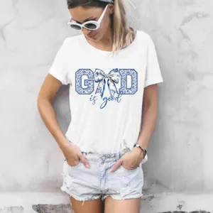 DTF Print Transfer for T-Shirts - "God Is Good" Design with Faux Embroidery, Floral Pattern, Direct-to-Film des