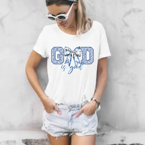 DTF (Direct to Film Print) Transfer Kit, Women's T-Shirt DIY Specialty Craft Accessory - Feminine "God Is Good" Design, Faux Embroidery, Floral Pattern, All-Seasons T-Shirt Print Fashion Statement