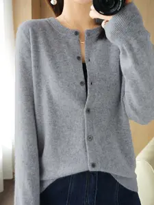 Women's Solid Color Knitted Cardigan, Loose-Fitting Round Neck Button Front Sweater, Fall & Winter Casual Outerwear, Knitwear