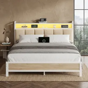 Modern Upholstered Platform Bed Frame Twin/Full/Queen/King, LED Light Bed with Storage Headboard and USB Charging Station, Sturdy Metal Slats, Noise Free, No Box Spring Required, Easy DIY Assembly Bedroom Bed