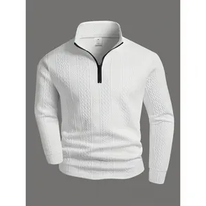 Texture new fabric jacquard pattern men's long sleeved polo shirt thick top zipper stand collar daily casual wear business casual wear
