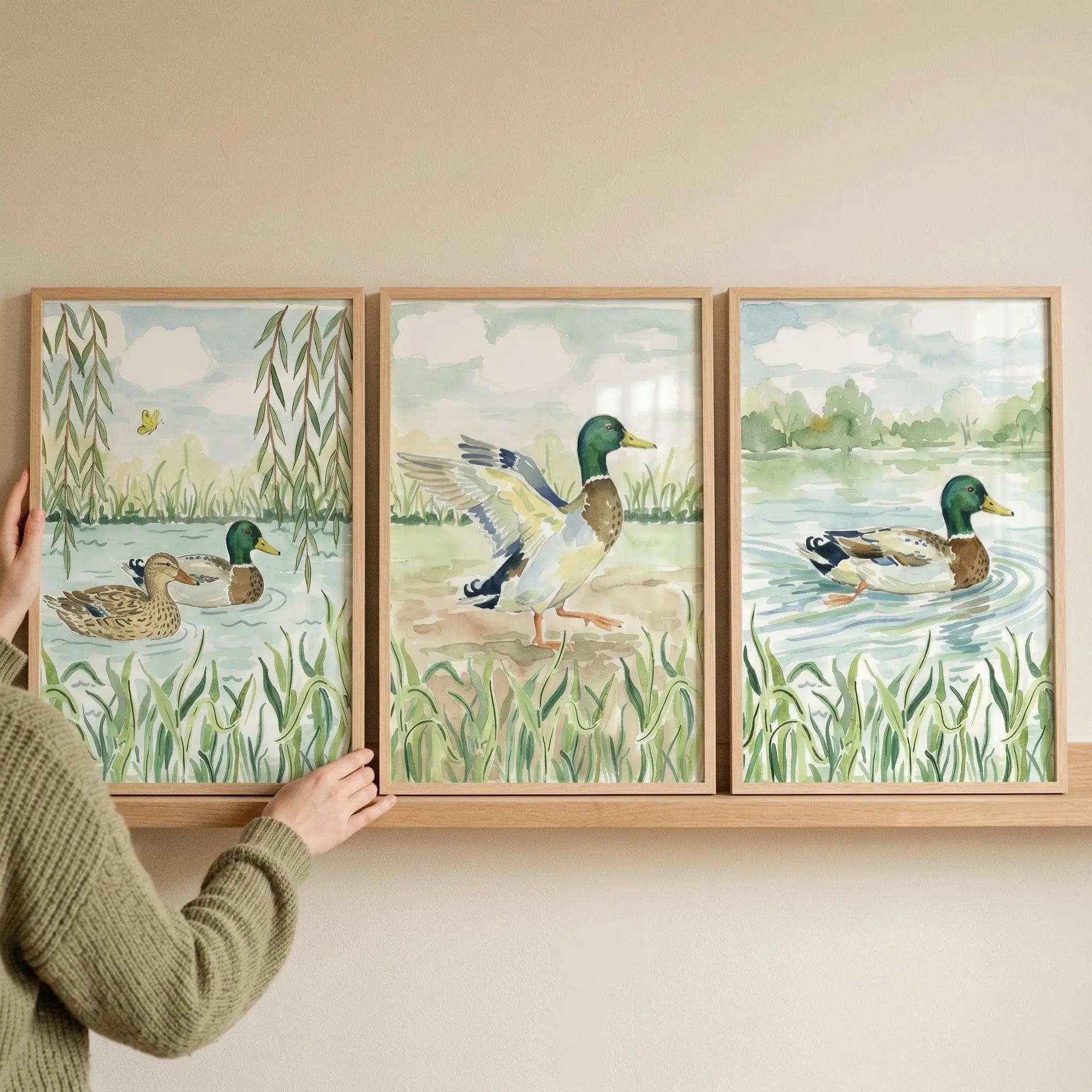 Muted Nature Mallard Duck Poster Unframed set 3, Watercolor Waterfowl Prints, Rustic Lake House Decor, Nursery Animal