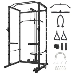 Power Cage, Multi-Function Squat Rack with LAT Pulldown, 1600 LBS Weight Capacity Fitness Power Rack with Cable Pulley System and j-Hooks, Dip Bars and Landmine Attachment for Home Gym