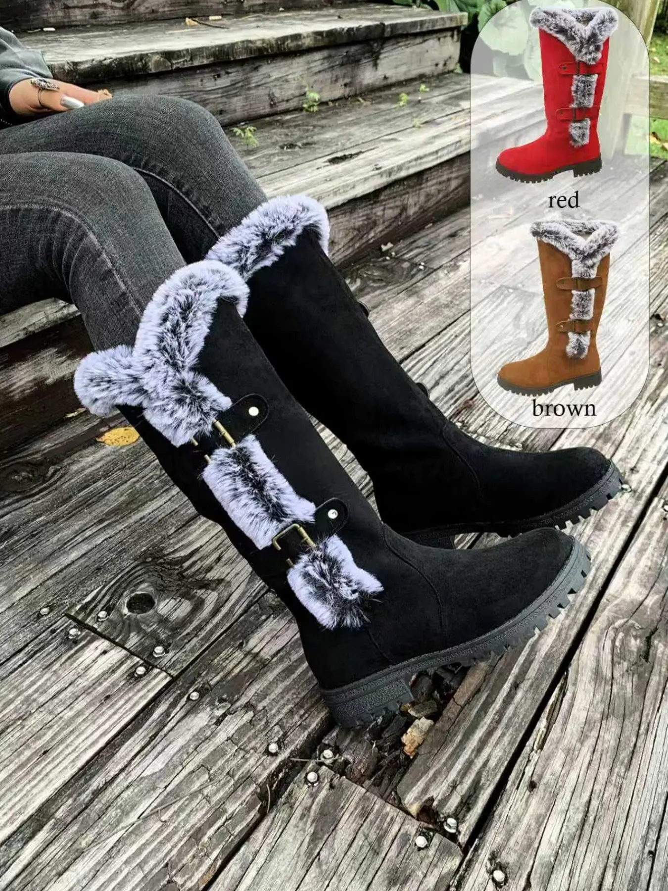 Women's Fuzzy Winter Casual Warm Boots, Solid Color, Flat Design, Soft Sole, Anti-Slip Tall Snow Boots, Perfect for Christmas