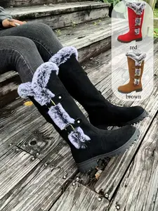 Women's Fuzzy Winter Casual Warm Boots, Solid Color, Flat Design, Soft Sole, Anti-Slip Tall Snow Boots, Perfect for Christmas