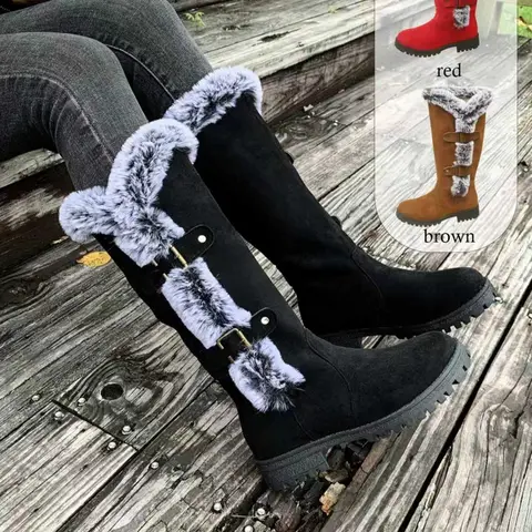Women's Fuzzy Winter Casual Warm Boots, Solid Color, Flat Design, Soft Sole, Anti-Slip Tall Snow Boots, Round Toe Boots, Perfect for Christmas