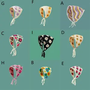 French Pastoral Style Triangle Headband Knitted Flower Strawberry Headscarf Hat Handmade Crochet Girls Towel