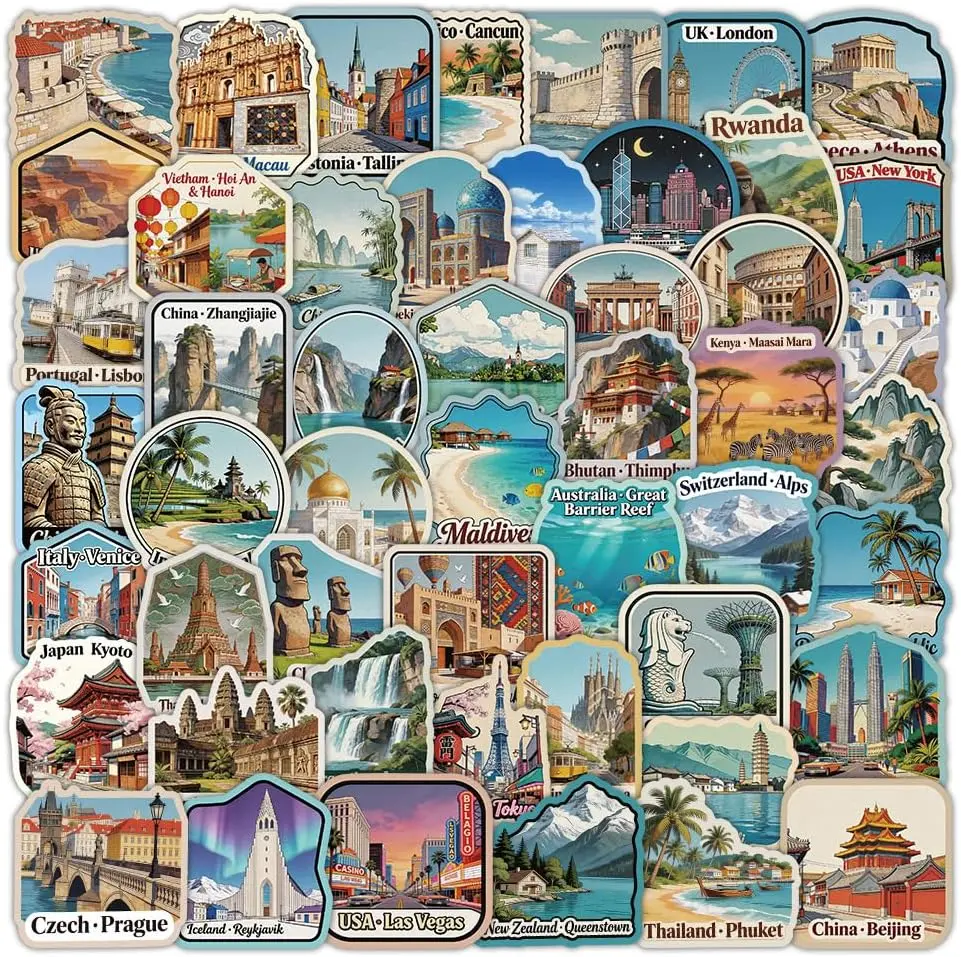 Feng Qi 60Pcs Travel Stickers Pack, Waterproof Vinyl Famous City Landmark Sticker Travel Luggage Stickers for Laptop Bottle Scrapbooking, Tourism Decals for Teens Adutls.