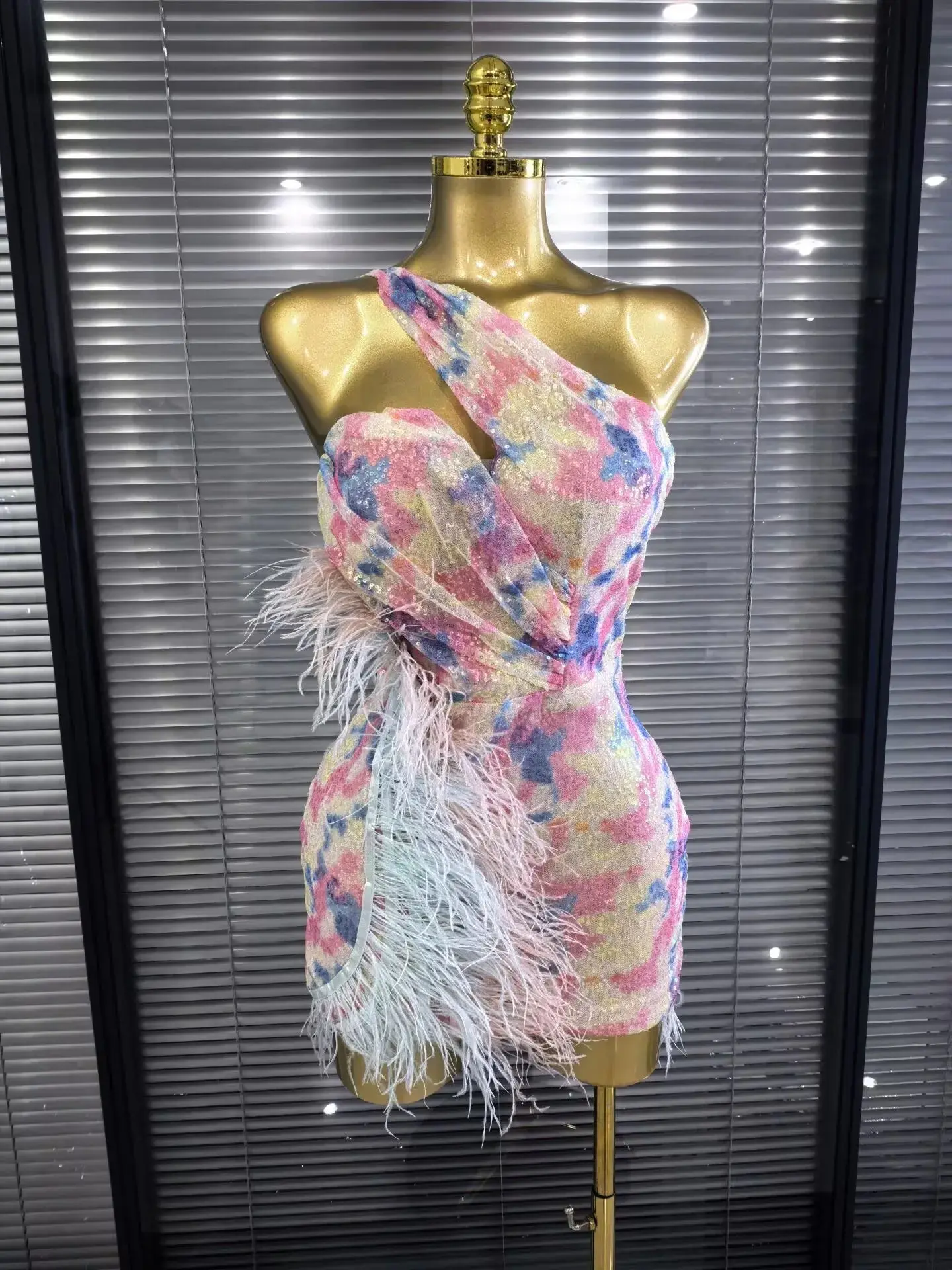Arabella Sequin One-Shoulder Feather Bodycon Mini Dress