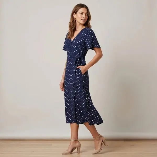 Women's Short-Sleeve Classy Tied Multipurpose French Polka Dot Wrap Midi Dress - V-Neck Office-to-Dinner Tea Dress, Shortsleeve, Classy Casual Dresses