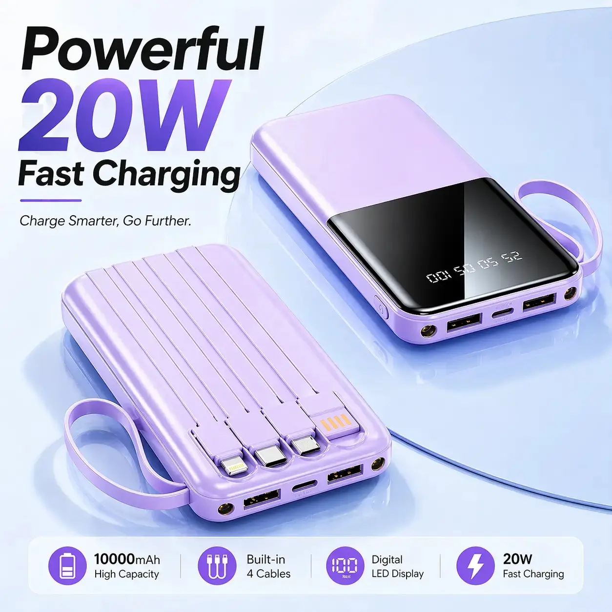 10000mAh Portable Power Bank with 20W Fast Charging, Smart Digital Display, LED Flashlight, Rechargeable Travel Charger for Outdoor Emergency, Apple Lightning and USB-C Devices