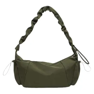 Olive Green Dumpling Crossbody Bag for Women Casual Slouchy Hobo Bag with Drawstring Closure, Multi-Pocket Shoulder Bag