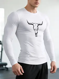 American Skull Print Long Sleeve Fitness T-Shirt for Men, Breathable Stretchy Top to Showcase Muscles, All Seasons Sporty Style, Breathable Gym Shirts, Gym Athletic Clothes