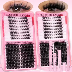 2 Styles Cat Eye Lash Clusters Kit Gift Packs,  Fox Eye&Cat Eye Lash Clusters with Bond&Seal and Remover& Tweezers, D Curl, Soft Extension False Eyelash, Wispy Natural DIY Individual Eyelashes for Beginners, Bulk Pack