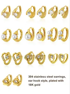 304 stainless steel fashionable and elegant geometric earrings, inlaid with zircon, plated with 18K gold that does not easily fade, versatile ear hoops that are unique in style, suitable for summer and autumn studs, everyday/party elegant accessories.