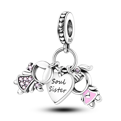 MULA Silver Plated Soul Sister Charm with Pink CZ & Enamel Heart, Best Friend Dangle Bead, Fits Most Bracelets & Necklaces, Friendship Gift for Her, Birthday, Bestie, Sisters, DIY Jewelry