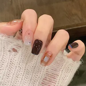 30pcs Short Square Colorblock Nail Tips, French Manicure Design with Grid Dot Pattern, Includes Jelly Glue and File