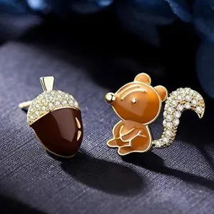 Fun Squirrel and Pine Cone Stud Earrings Asymmetrical Crystal Nut Squirrel Anima