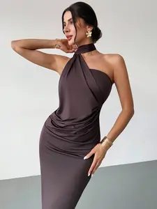 Elegant Chic Halter Tailored Dress, Sleeveless Shoulder-Exposed Design, Wrinkled High-End Formal Commute Date Night Gown, All Seasons Fitted Long Plain