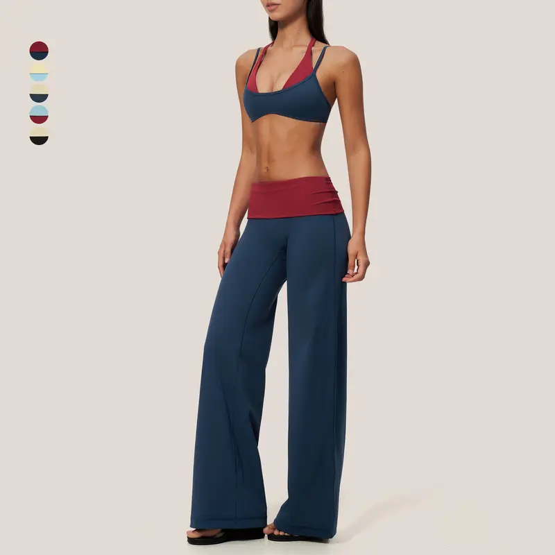 GIAFIRE Women's 2-Piece Color-Block Yoga Fitness Set, High-Stretch Quick-Dry, Shock-Absorption Halter Sports Bra, Foldover Waistband Wide-Leg Yoga Pants for Hips Lifting & Slimming Effect