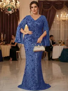 Plus Size Women's Teal Blue Sequin V-Neck Long Sleeve Split Sleeve Bodycon Mermaid Gown for Party Formal Evening Valentine's Day Prom Graduation Wedding Guest Birthday Wear All Seasons