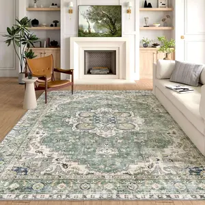Large Sage Green Boho Faux Cashmere Rugs for Living Room Soft Vintage Bedroom Rug Ultra Washable Area Rug 8x10-Thin Farmhouse Oriental Distressed Carpet Non Slip Rug for Dining Room Guest Room Home Decor