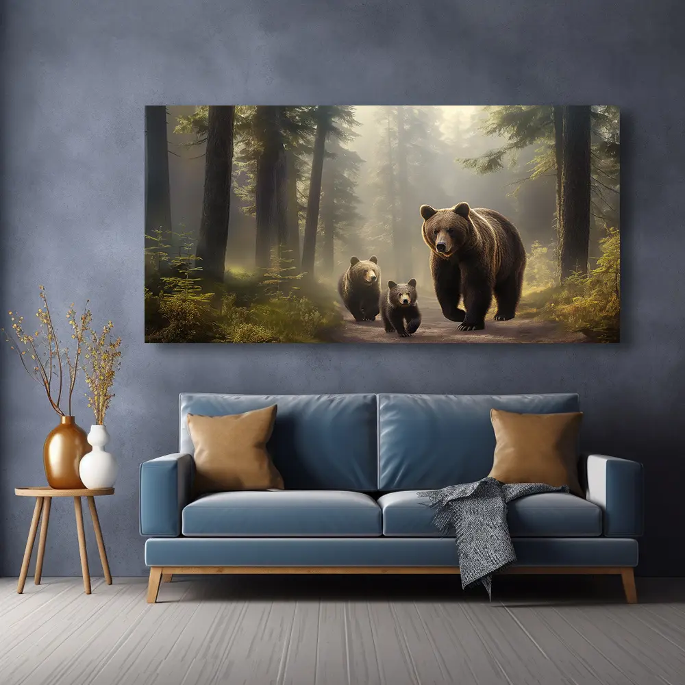 1-Piece Artistic Wood-Framed Modern Forest Bear Landscape Canvas Print - Horizontal Wildlife Framed Print, Multi-Size Home Decor for Living Room Wall, Bedroom, All Seasons, Check Size Carefully
