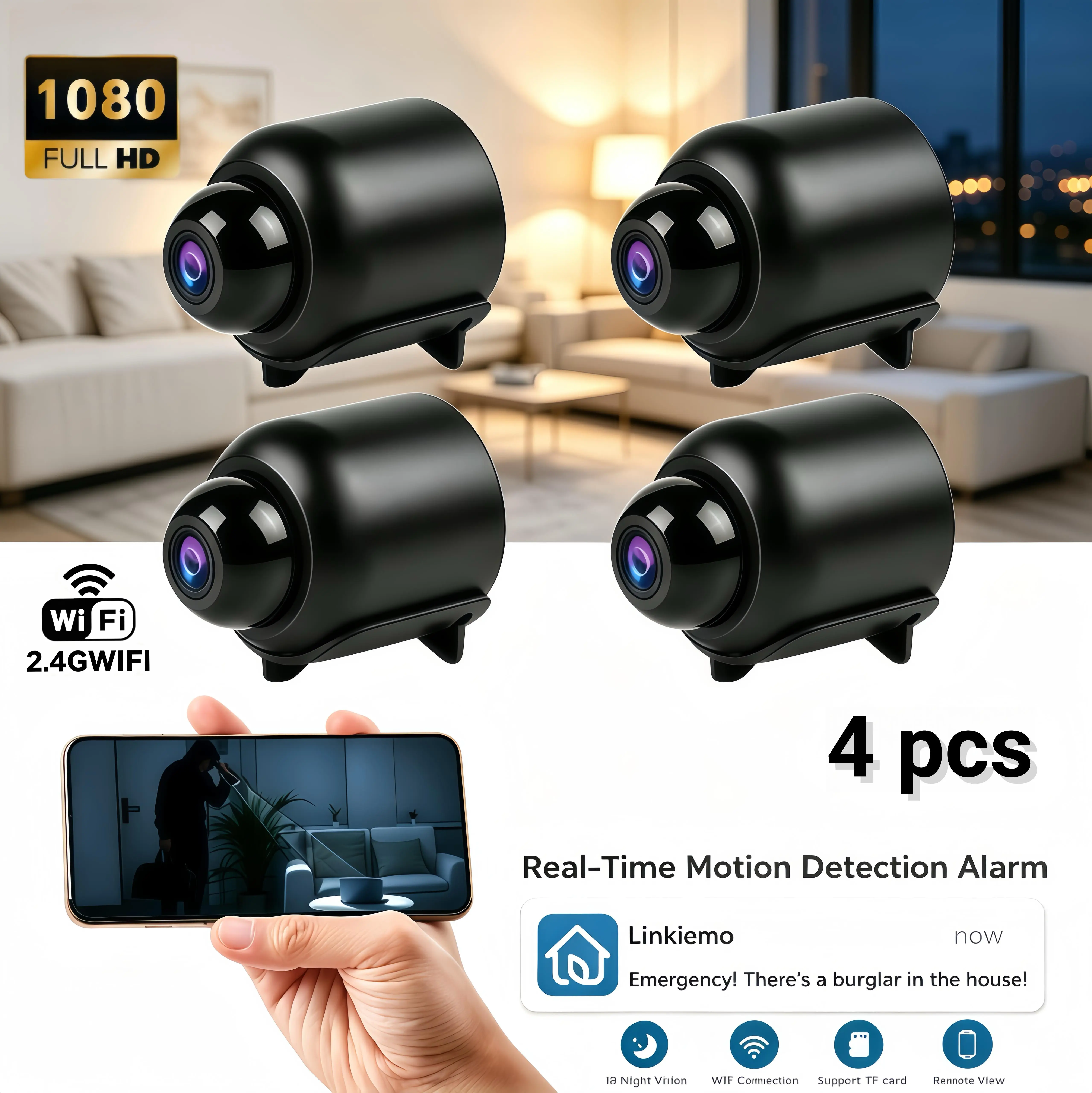 4PC Mini Smart 1080P WiFi Video Surveillance Camera, 2.4G Wireless Connection, Night Vision, Motion Detection, Audio Recording, Remote App Control, Plug-Compatible, SD Card & Cloud Memory Storage, Indoor Nanny Camera for Baby