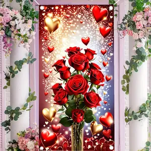 2D flat banner, 1pcValentine's Day Red Rose Bouquet in Glass Vase, Romantic Heart Decor & Purple Gradient Backdrop, Festive Love-Themed Party Decorationgalentines party decor, valentine day decor, decorations for valentines day