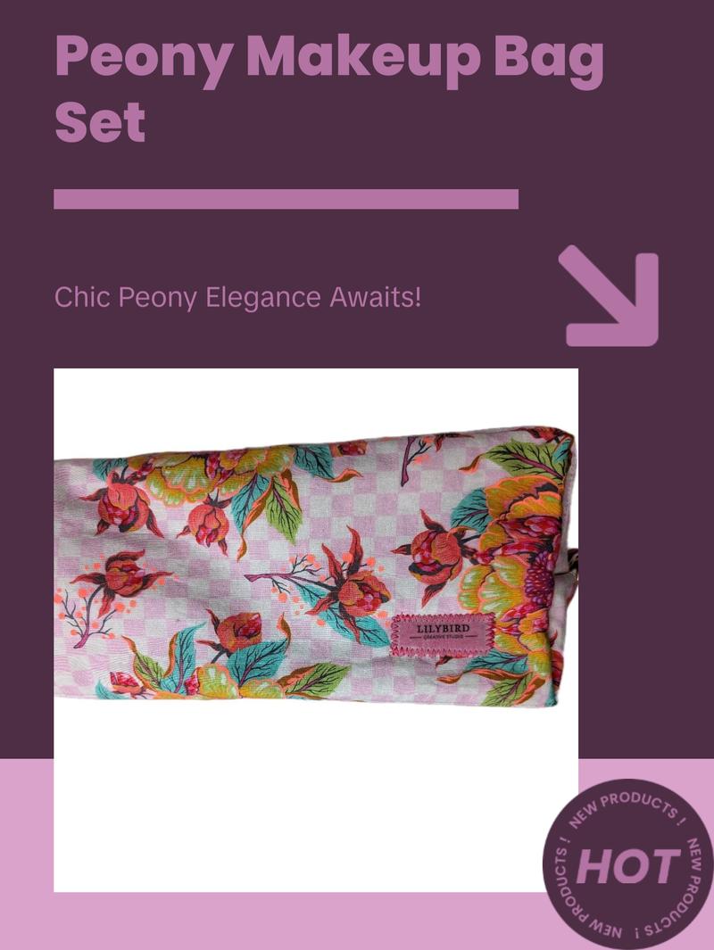 Pink Peony Anything Bag - Floral and leaf pattern with large peony motif on pink checkered background and gold colored hardware