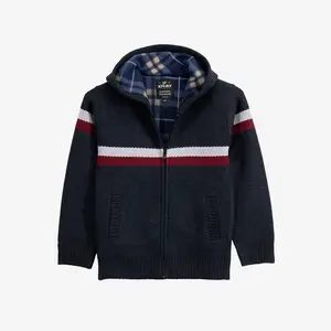 X RAY Boy's Hooded Flannel Lined Full Zip Sweater With Stripes in NAVY/WHITE Size M
