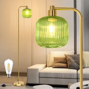 Serbasic Modern Green Glass Floor Lamp for Living Room, Modern Standing Lamp with Ribbed Glass Lampshade with Pedal Switch, 67” Tall Lamp for Bedroom Study Room, LED Bulb Included