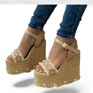 Natural Jute Platform Sandal 15cm with Pearls