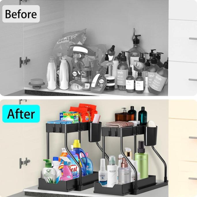 Under Sink 2-Tier Sliding Organizer with Frame Pull-Out Storage Basket Space-Saving for Kitchen Bathroom Laundry Room Sturdy Metal Frame Smooth Sliding Mechanism Adjustable Acrylic Straw Holder blade stand cork