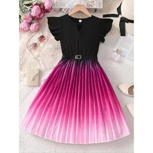 Girl's Ombre Print Belted Dress, Casual Pleated Dress for Party Holiday Wedding Guest, Kids Clothes for Summer