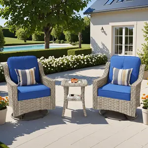 3-Piece Swivel Rocking Rattan Chair Outdoor, Patio Bistro Furniture Conversation Set,Cushioned Wicker Chair with Glass Coffee Table(Grey, Blue)