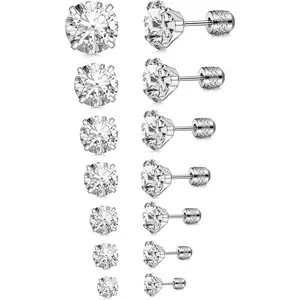 7 Pairs 20G Stainless Steel Stud Earrings Set Cubic Zirconia CZ Earrings Multi Size 2mm-8mm, 316L Metal, Sensitive Ears Women, Daily Stacking Wedding Gift