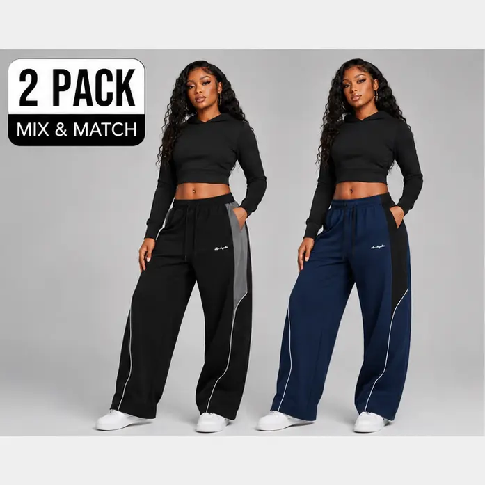 2-Pack Women’s Color-Block Wide-Leg Quick-Dry Sports Pants — High-Waisted Drawstring, Drapey Fabric, Y2K Hot-Girl Style, Floor-Length Straight Casual Pants